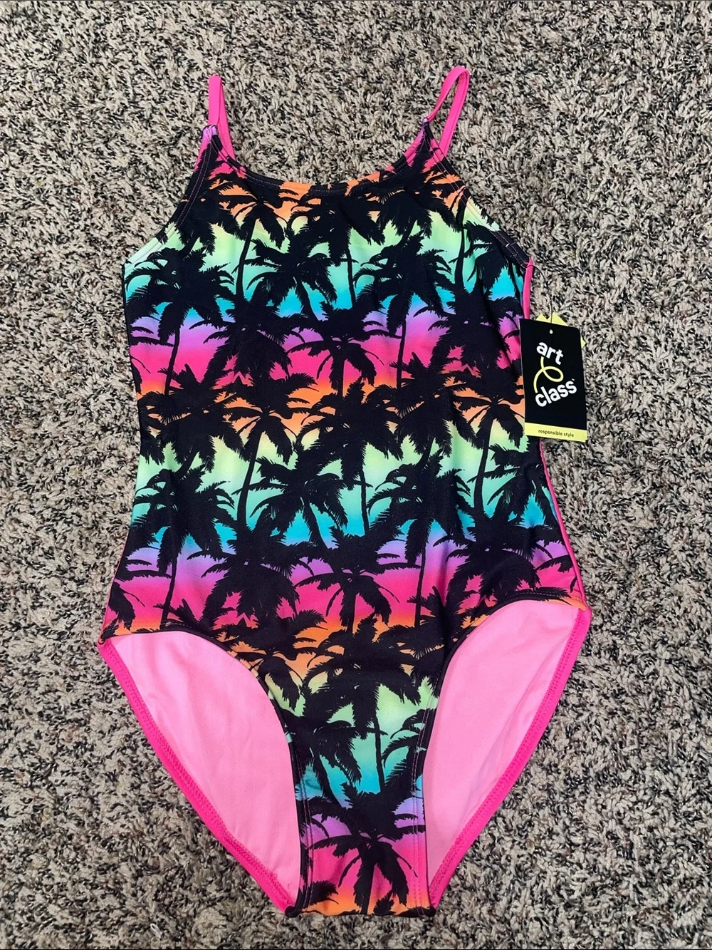 art class Neon Palm Print One-Piece Swimsuit - Black & Pink Girls 10/12 NWT